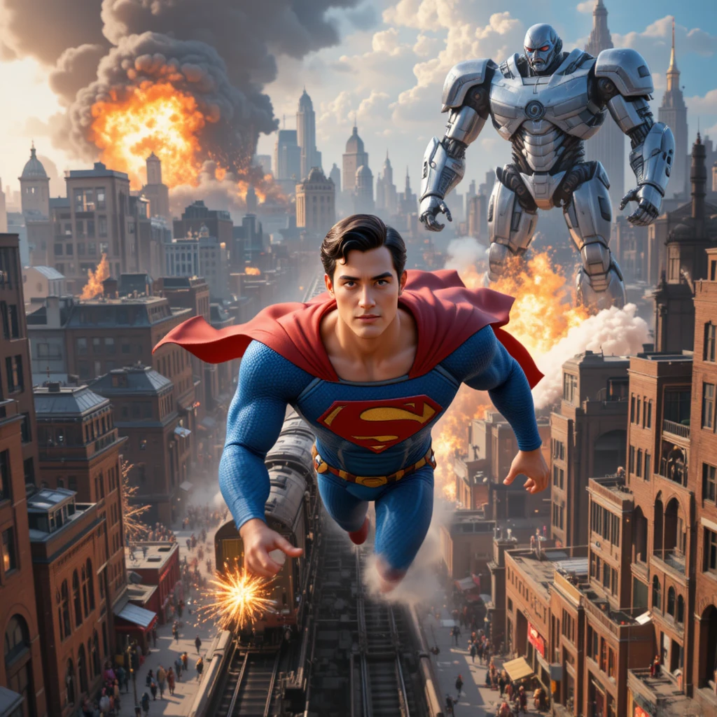 Superhero flying over Metropolis as explosions rise between skyscrapers