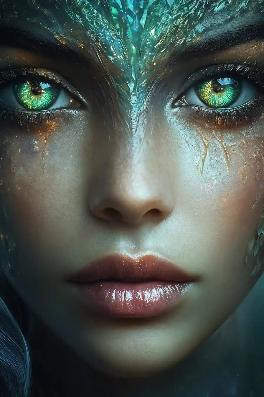 Cinematic close up portrait of a woman with emerald eyes