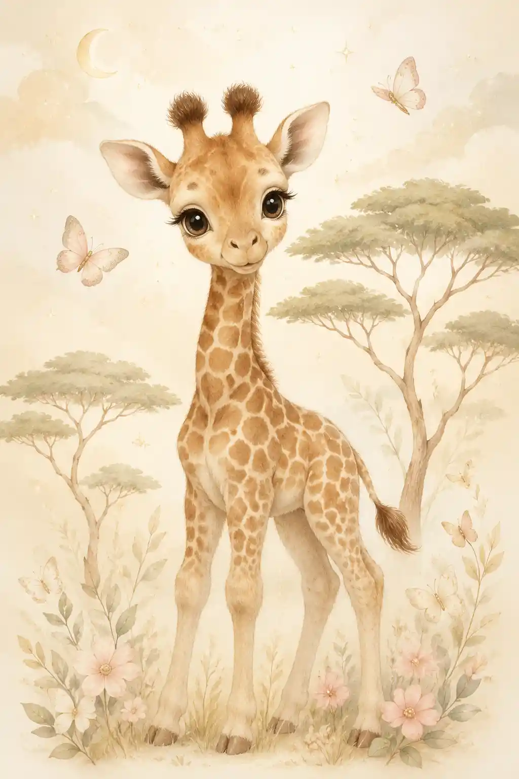 Dolce Illustrazione da Parete per Cameretta con Baby Giraffa e Farfalle