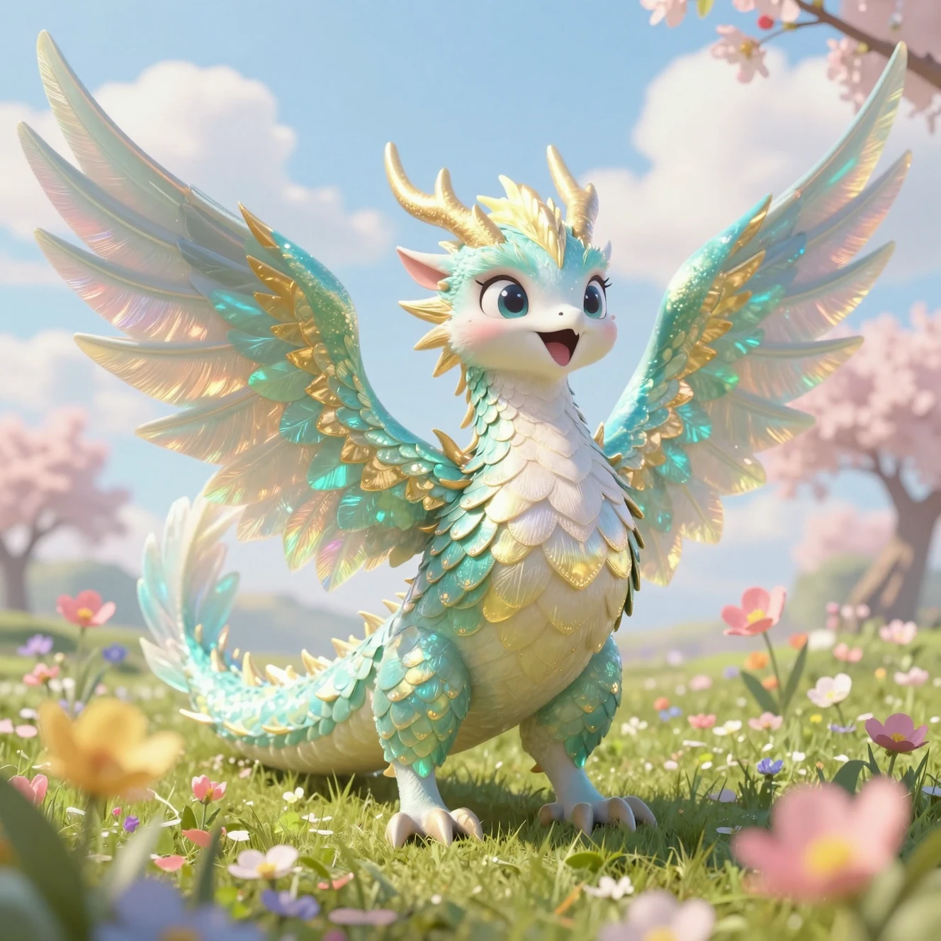 Majestic dragon dove hybrid in a vibrant spring landscape