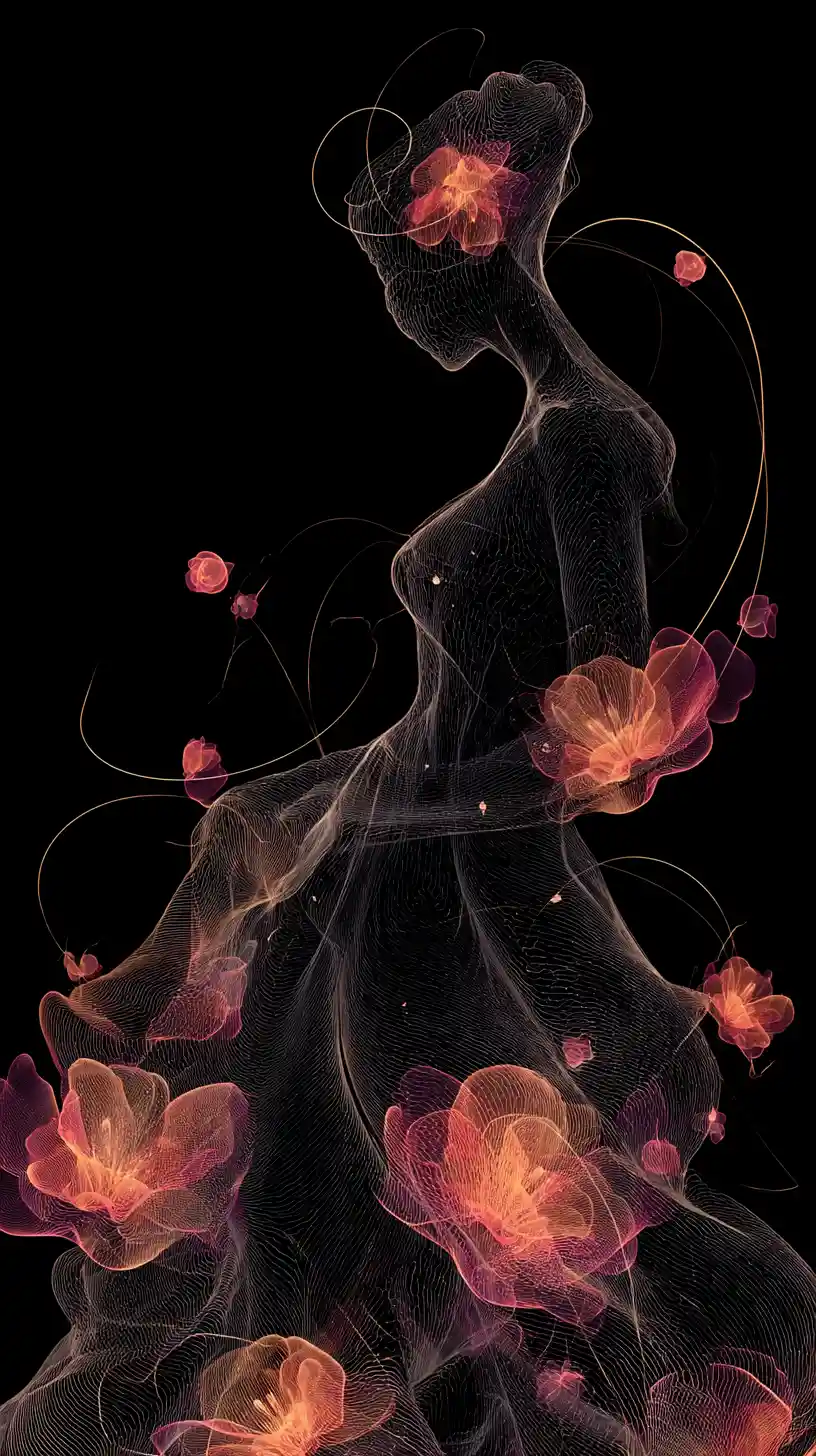 Silhouette Creature Shaped By Glowing Orbiting Flowers