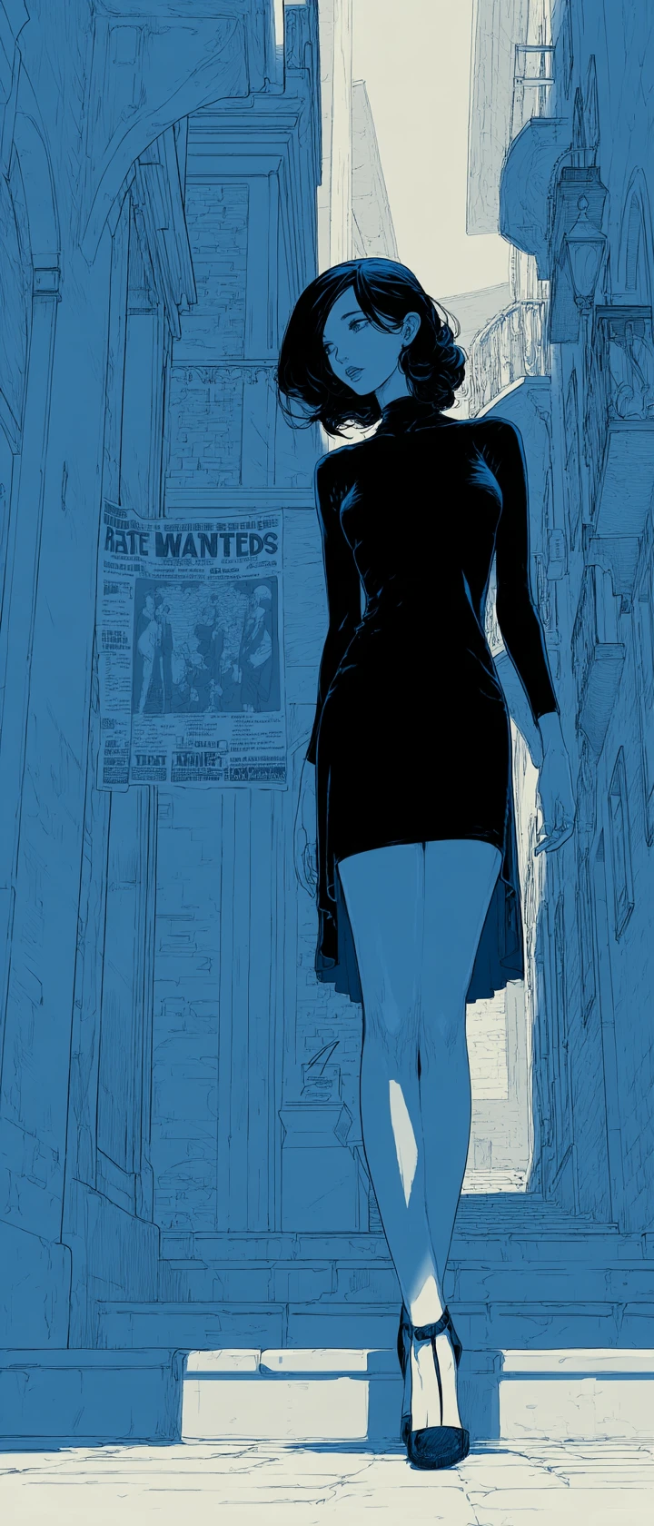 Donna spirito in stile anime che cammina da sola in una strada deserta della città