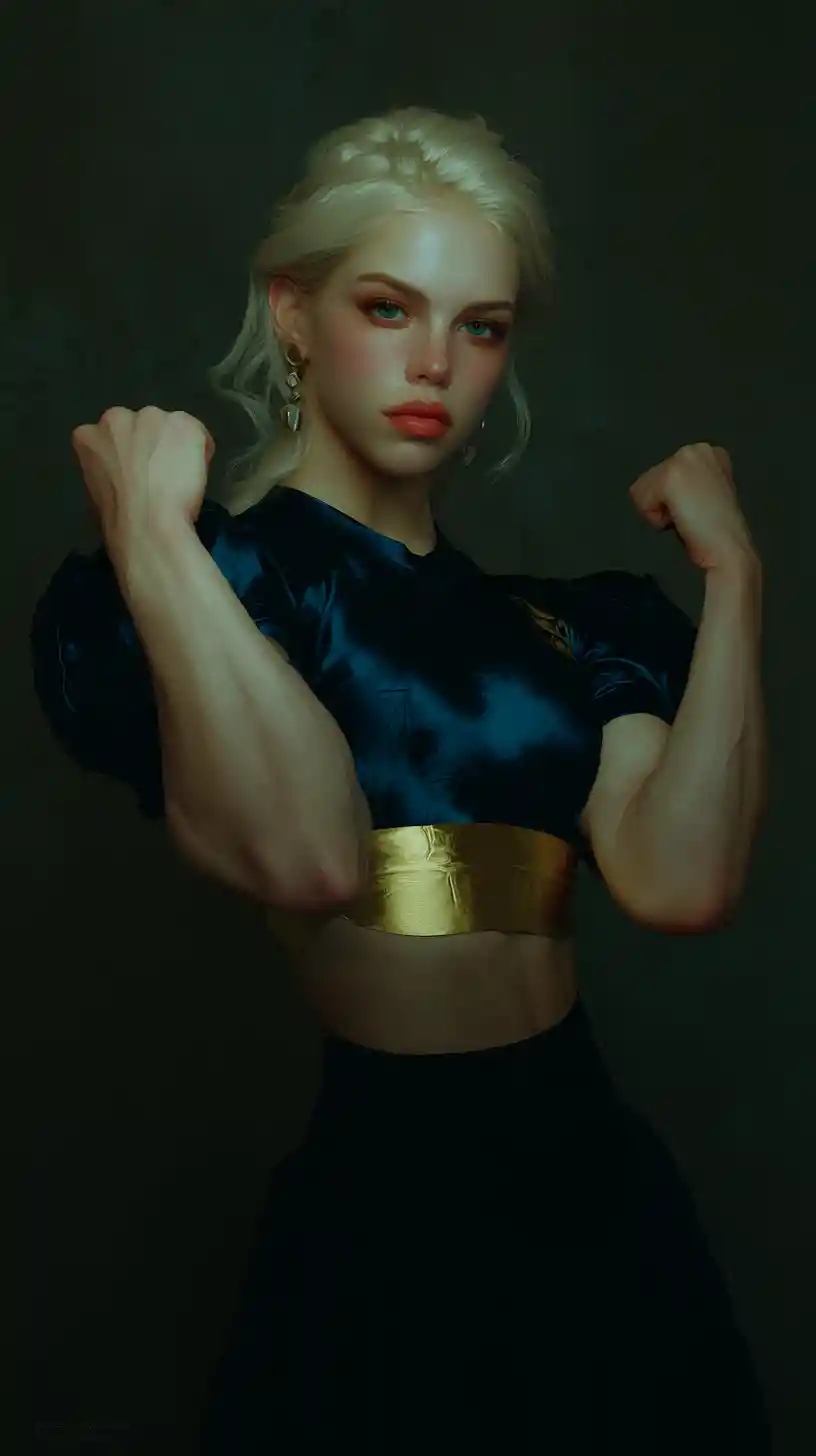 Powerful female warrior flexing surreal muscular physique