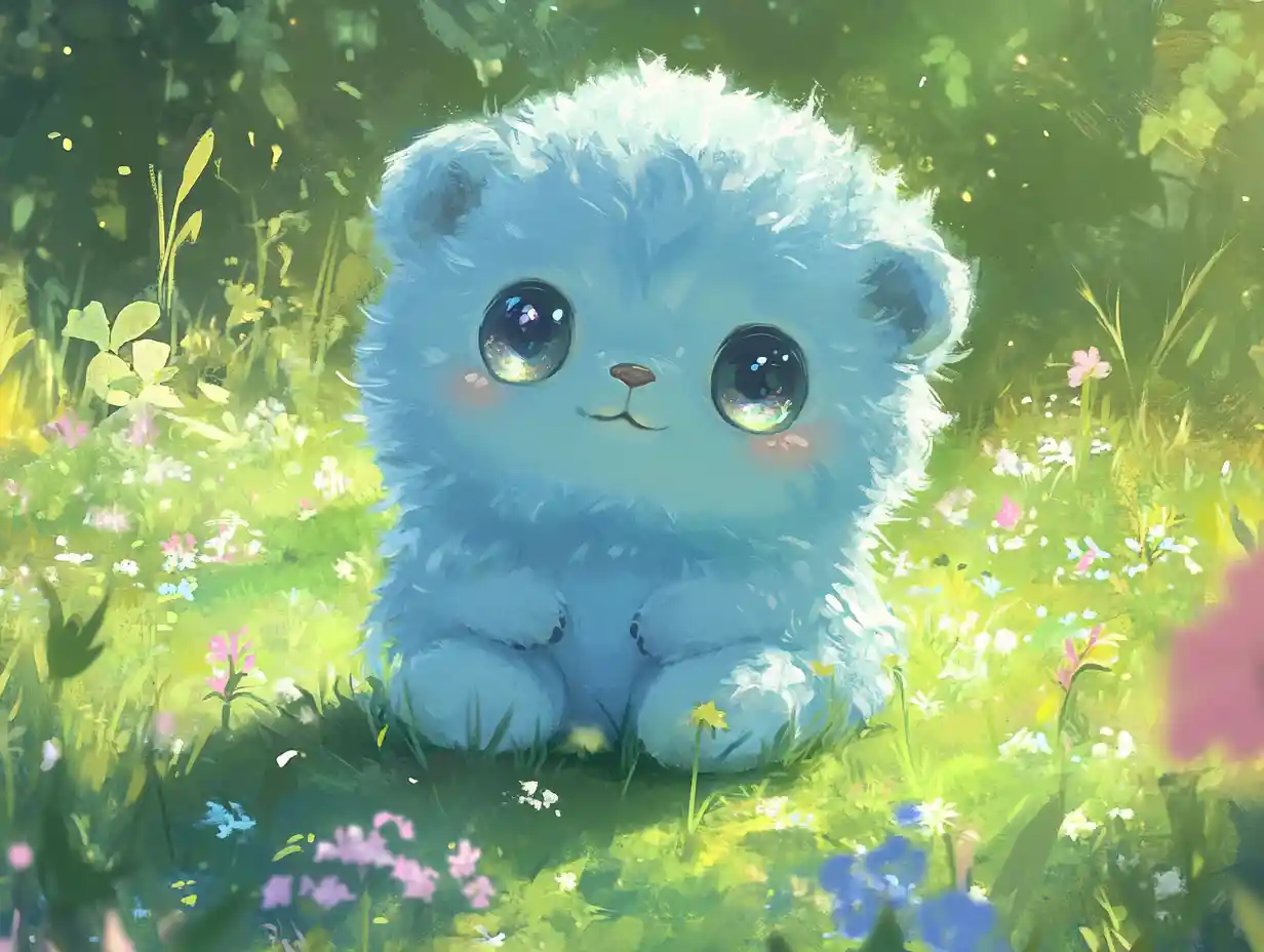 Adorable baby animal in a bright green meadow illustration