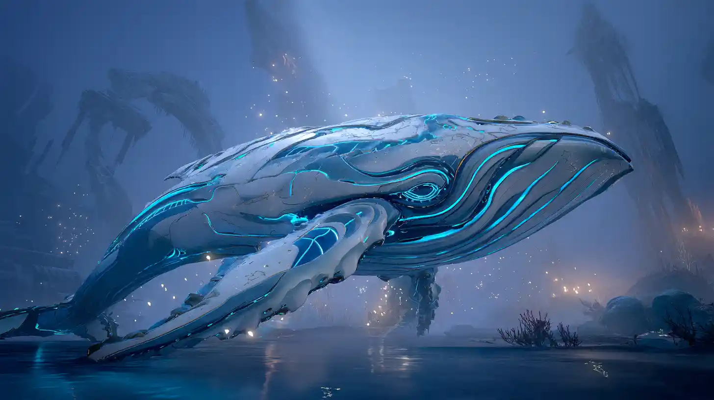 Gigantic mechanical whale creature in glowing underwater ruins