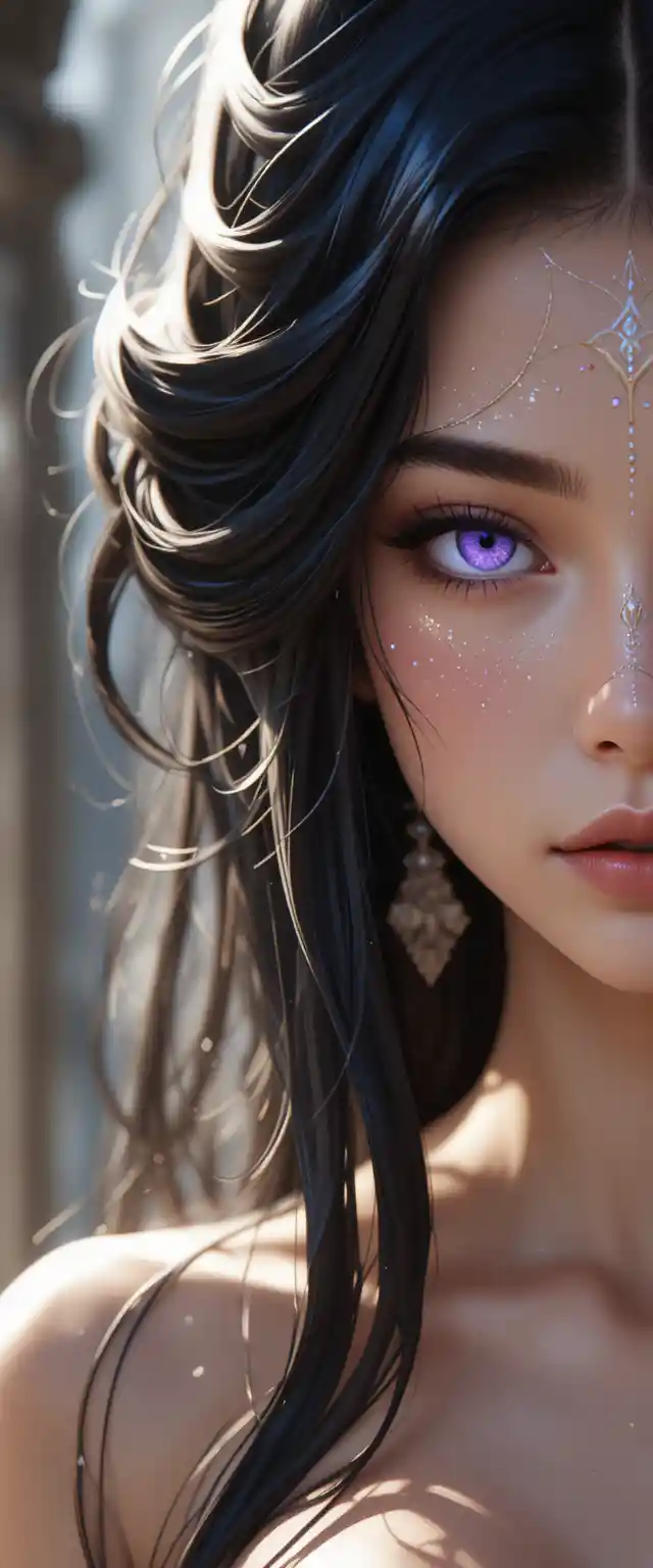 Young anime sorceress with glowing violet eyes and runic marks