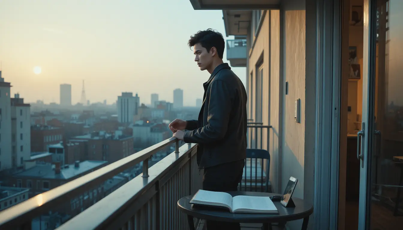 Young man on balcony at sunrise over quiet city