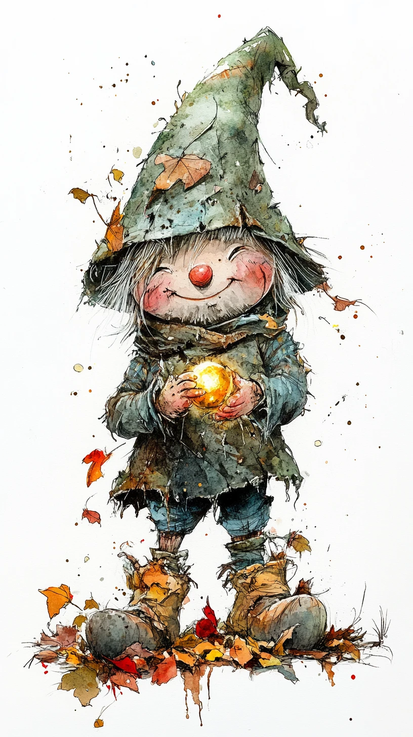 Playful young gnome holding a glowing stolen object