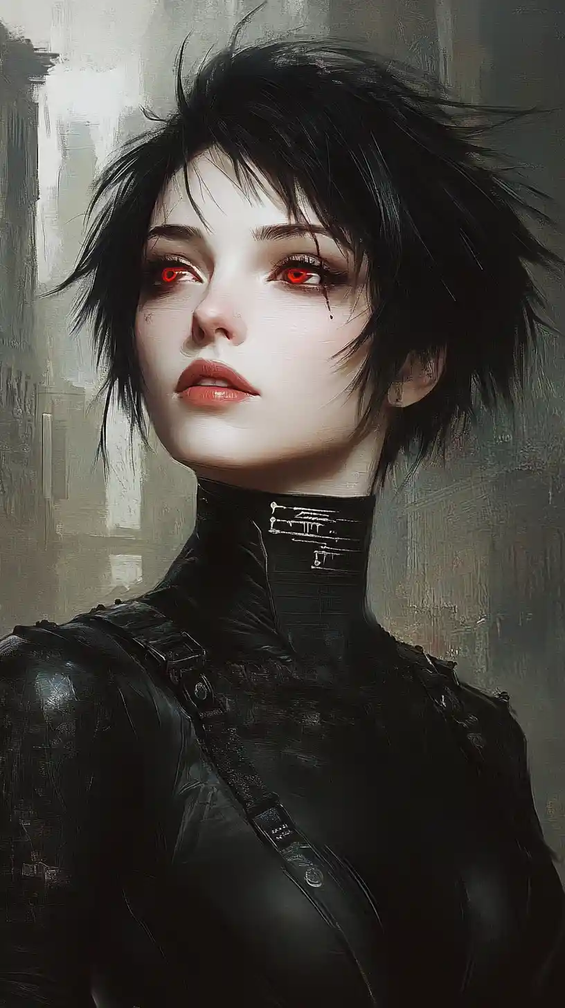 Ethereal woman with glowing red eyes in urban shadows