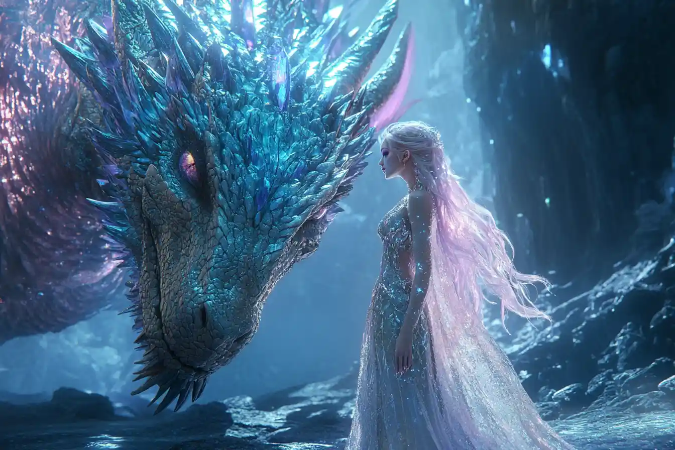 Dragon hybrid woman in vast luminous crystal cavern