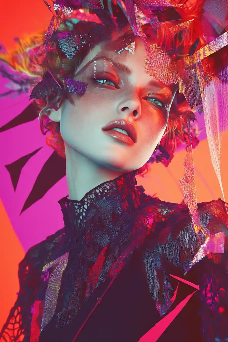 Surreal neon woman posing in abstract fractal harmony