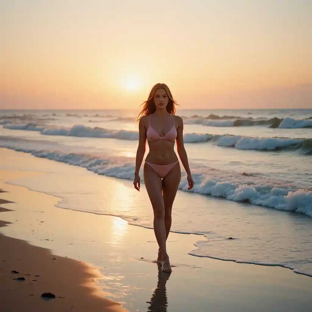 Woman walking along the shoreline at golden hour