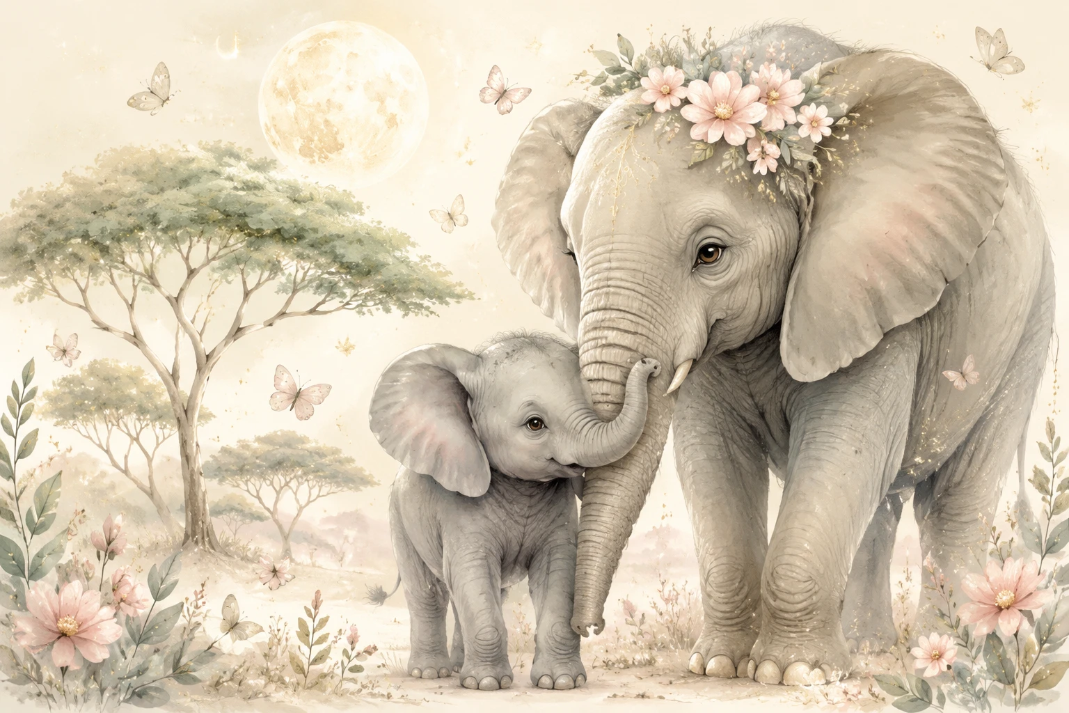 Baby Elephant Nuzzling Mother In Soft Nursery Illustration