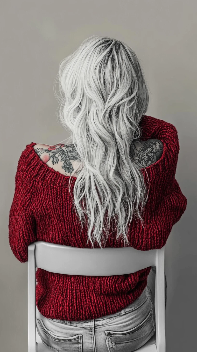 Woman with tattooed back leaning forward on white chair