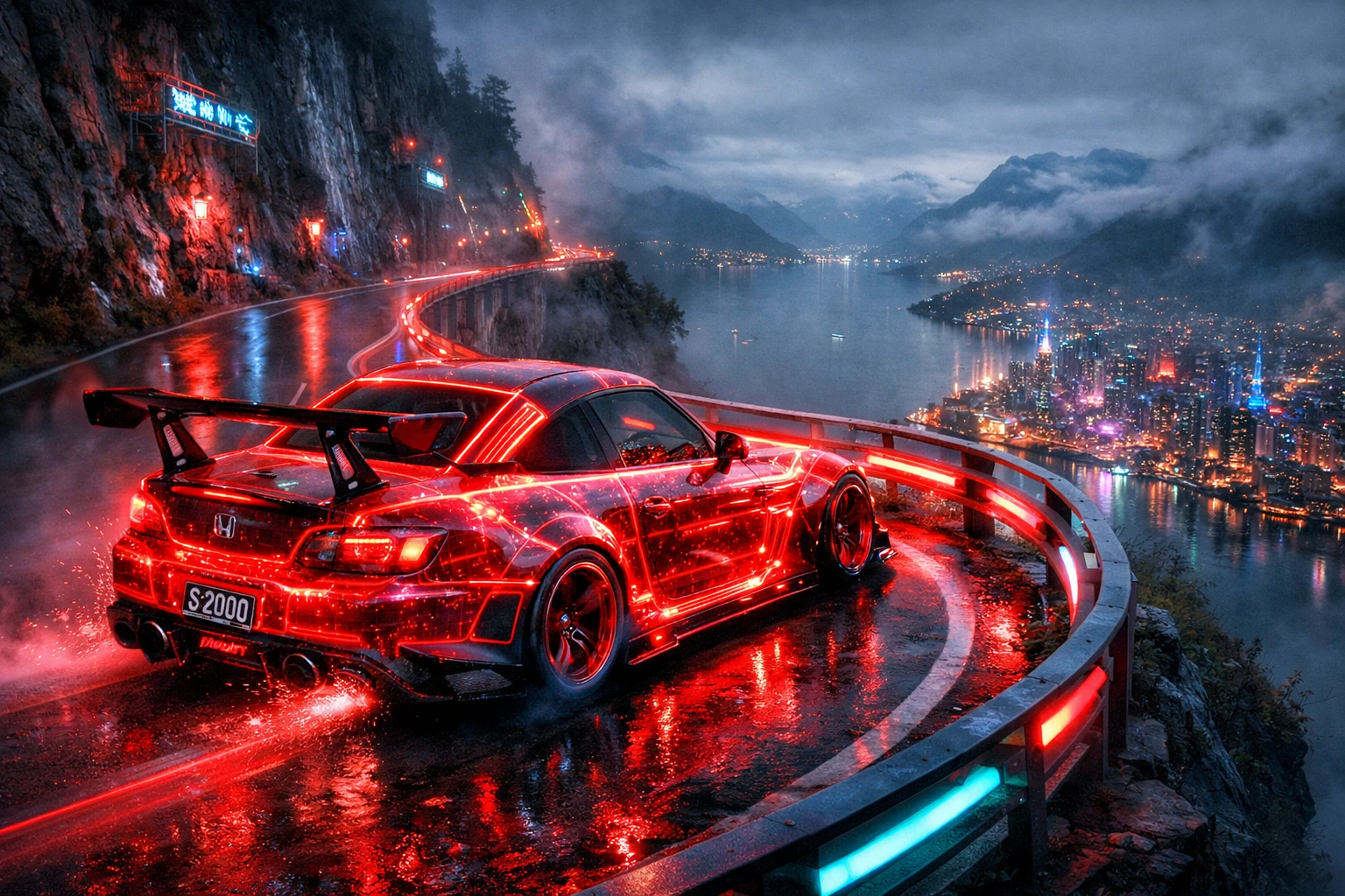 Futuristic sports car racing along neon mountain road