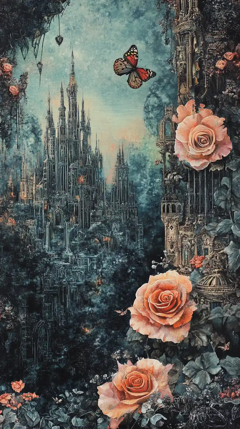 Fantasy city and roses in a dramatic vertical composition