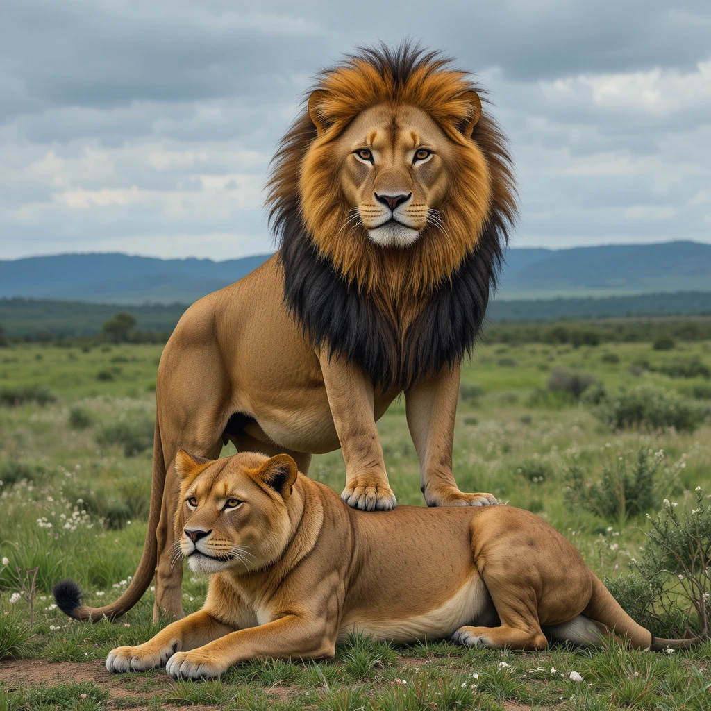 Powerful male lion towering over lioness on green savanna
