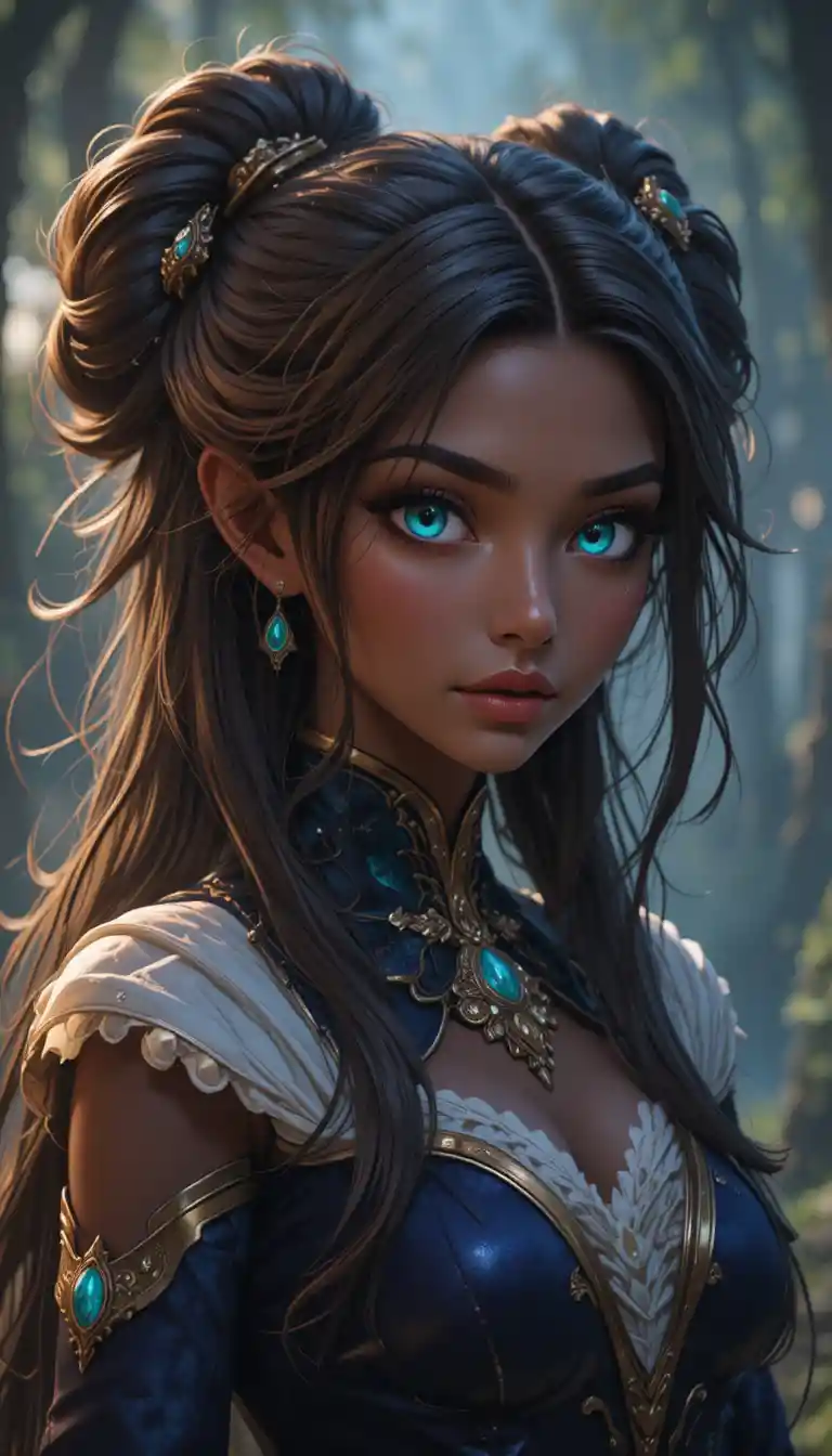 Dark skinned anime sorceress with turquoise eyes and bun hairstyle
