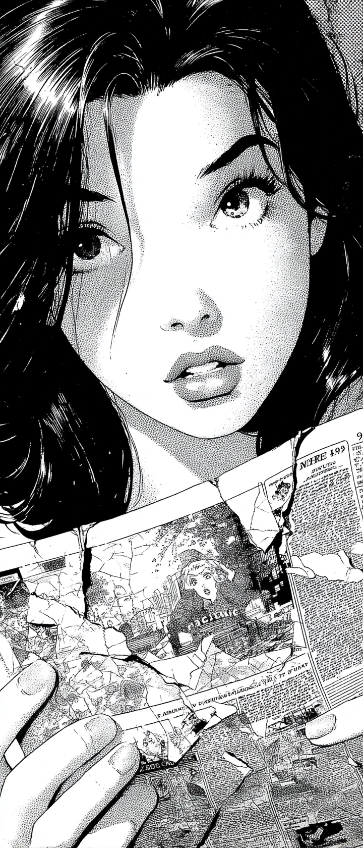 Anime oracle holding a crumbling comic panel of her past self