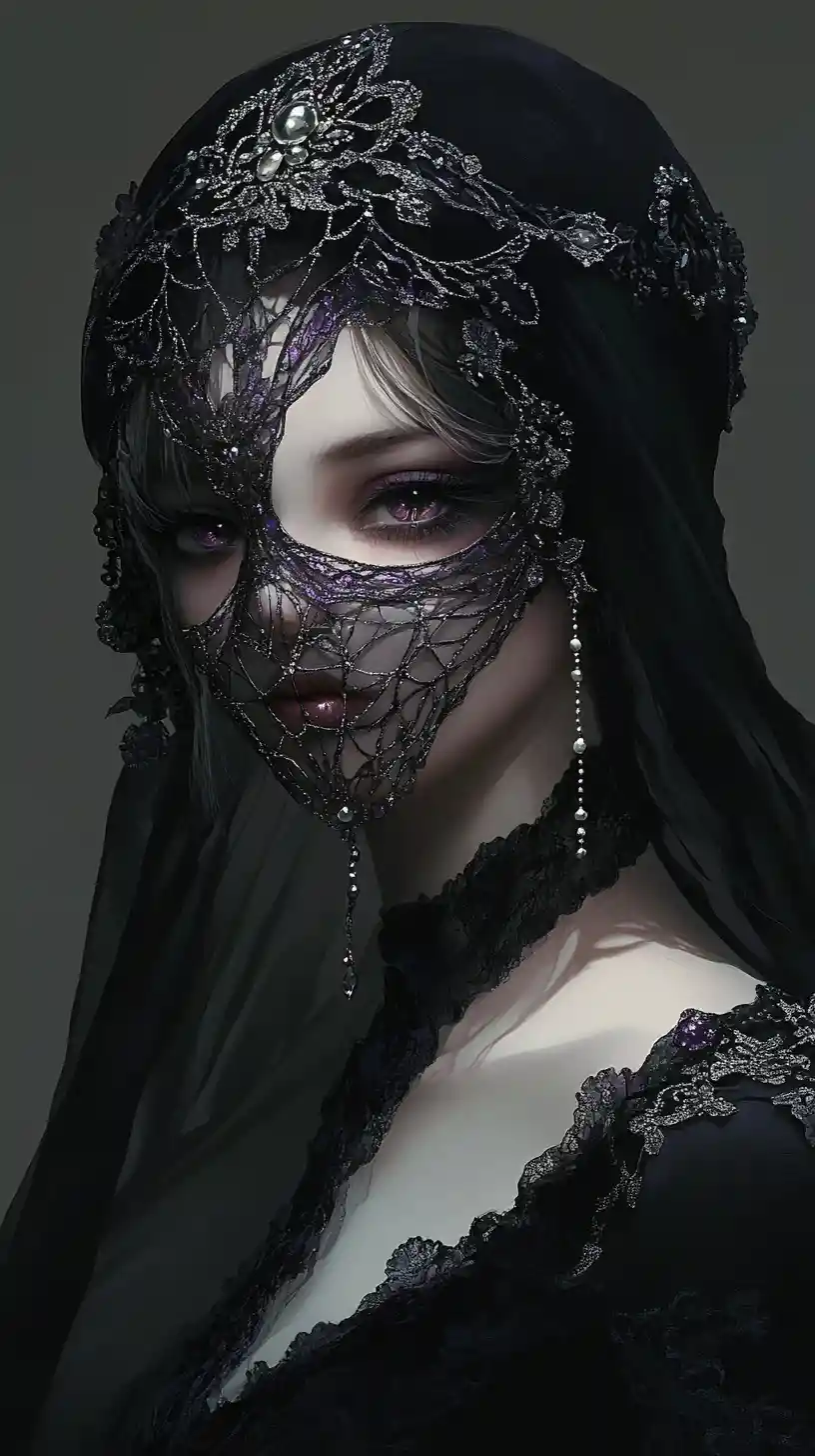 Masked gothic woman in ornate black and silver attire