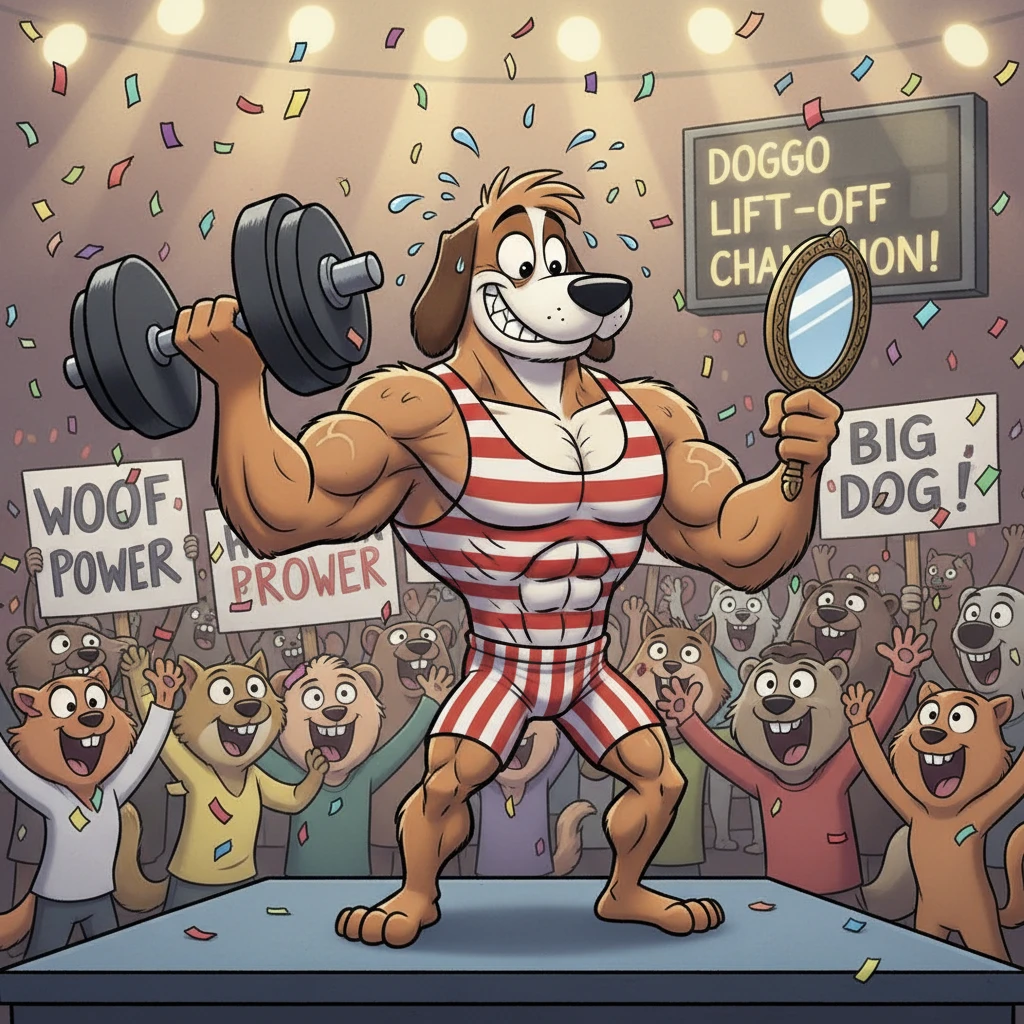 Muscular cartoon dog flexing in a lively weightlifting contest