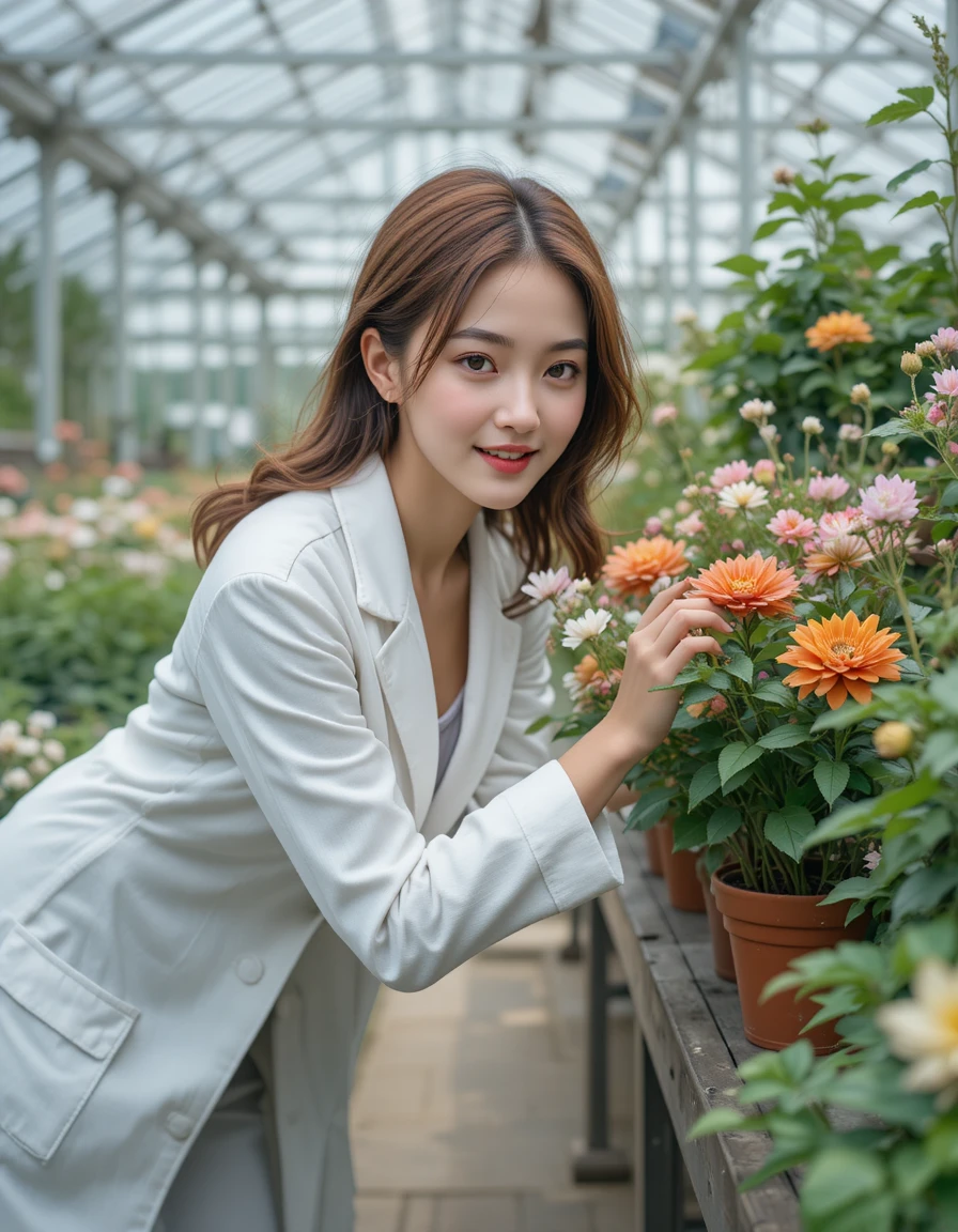Curious Japanese student studying flowers in a greenhouse