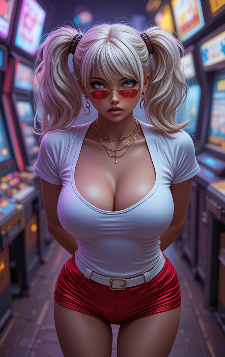 Blonde woman in wet white shirt posing in arcade