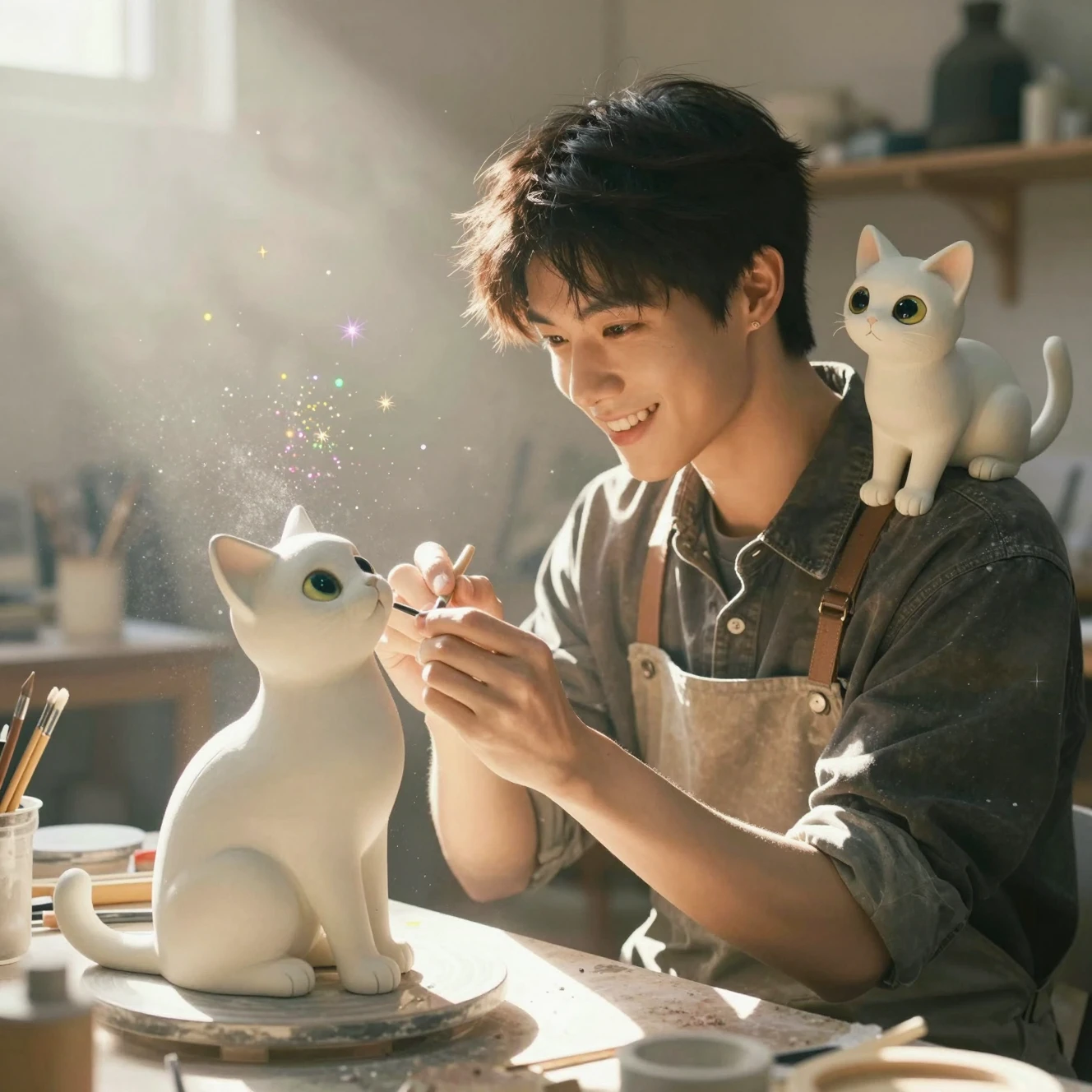Scultore gioioso con statue di gatti in ceramica in uno studio accogliente