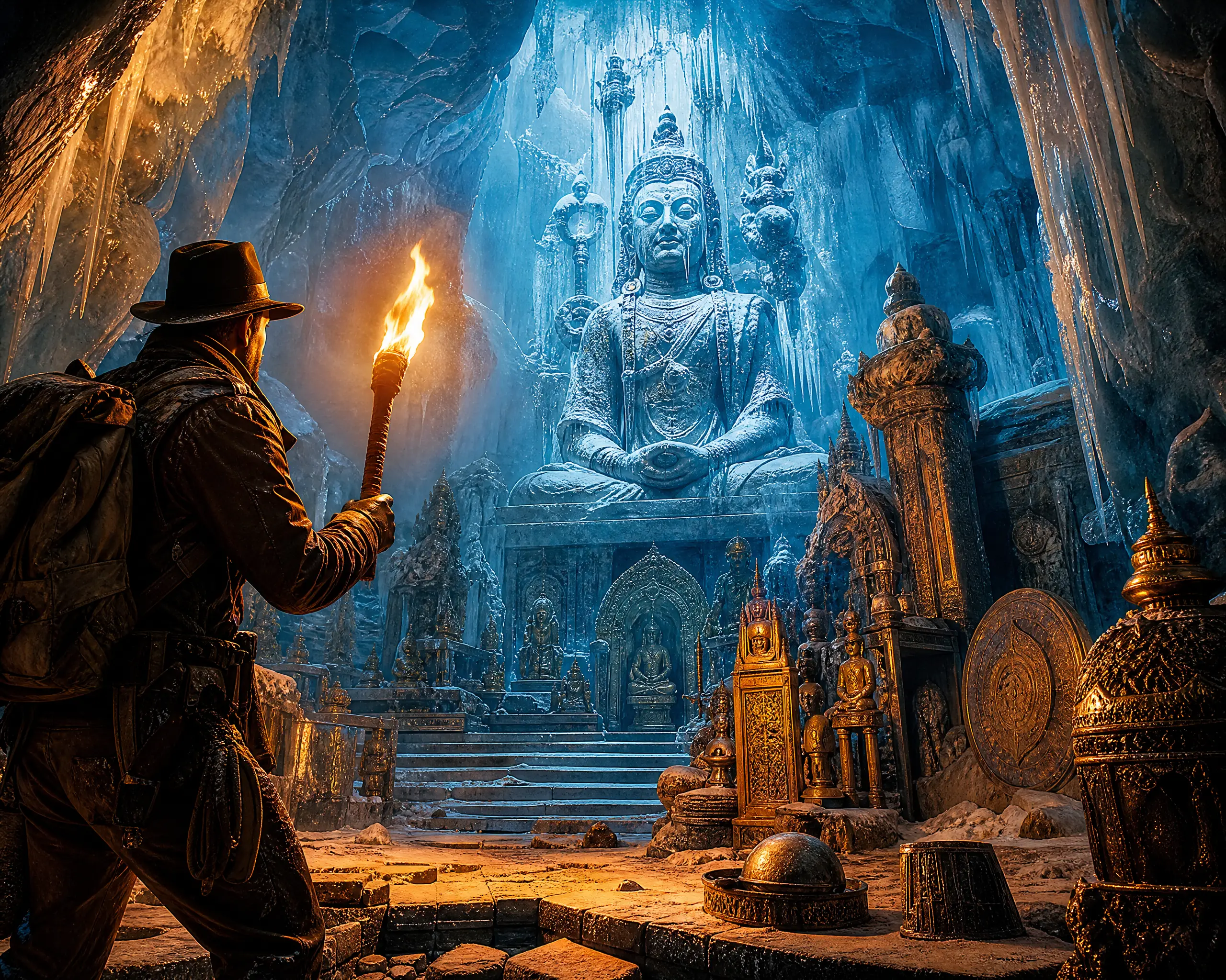 Explorer With Torch In Massive Glowing Himalayan Ice Cave