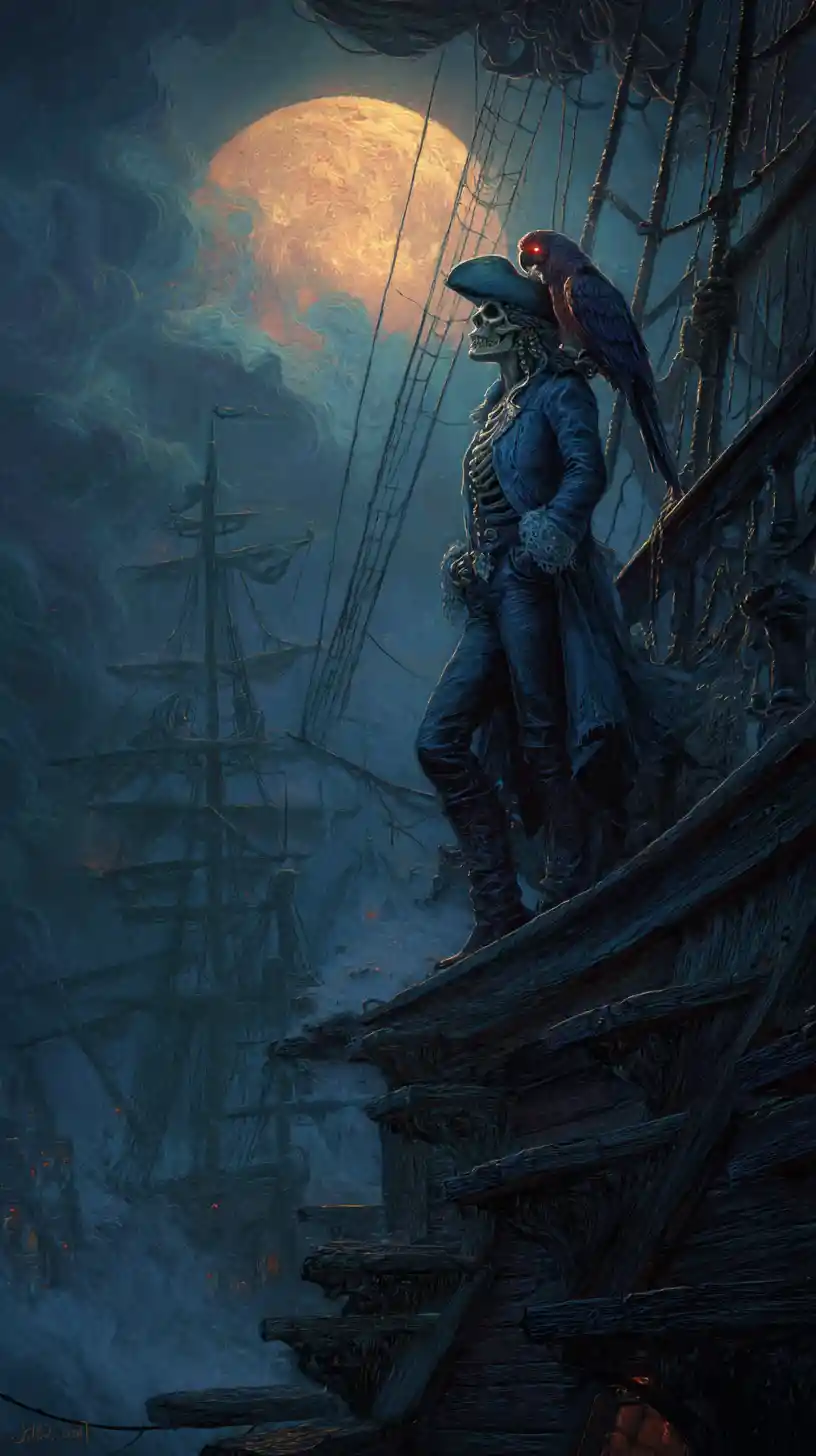Undead pirate queen on a spectral galleon under moonlight