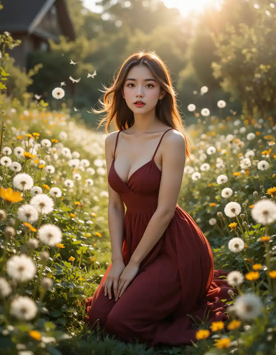 Japanese college girl kneeling in a dreamy backyard garden