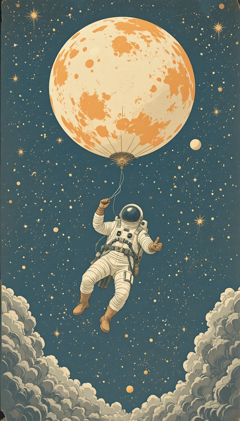 Retro astronaut floating with a giant orange planet balloon