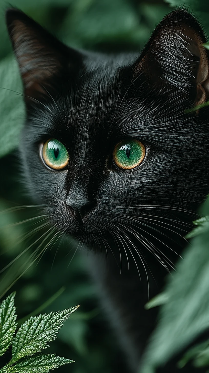 Black cat with emerald eyes hiding in dense forest