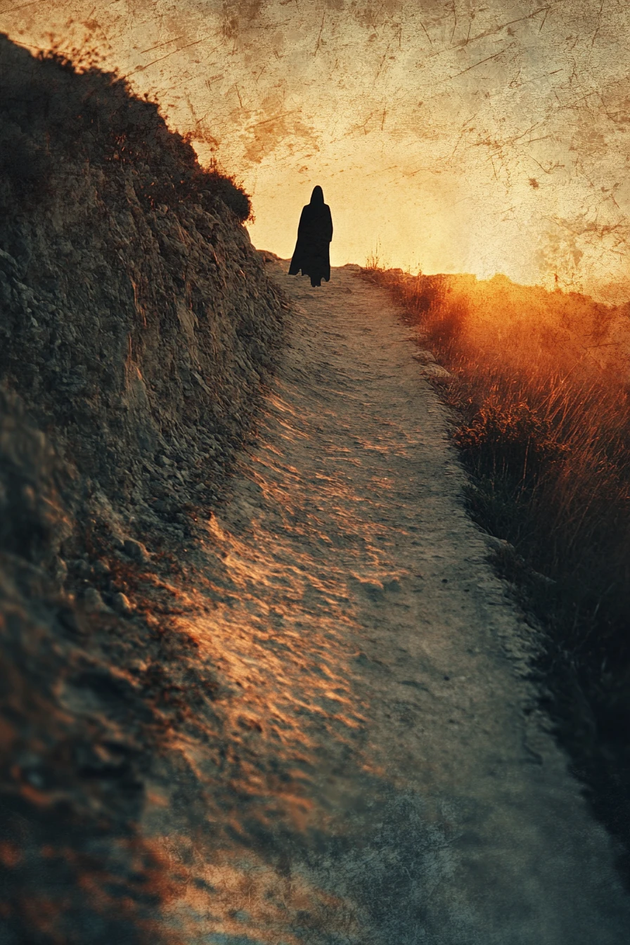 Lonely figure at the edge of an ancient path at sunset