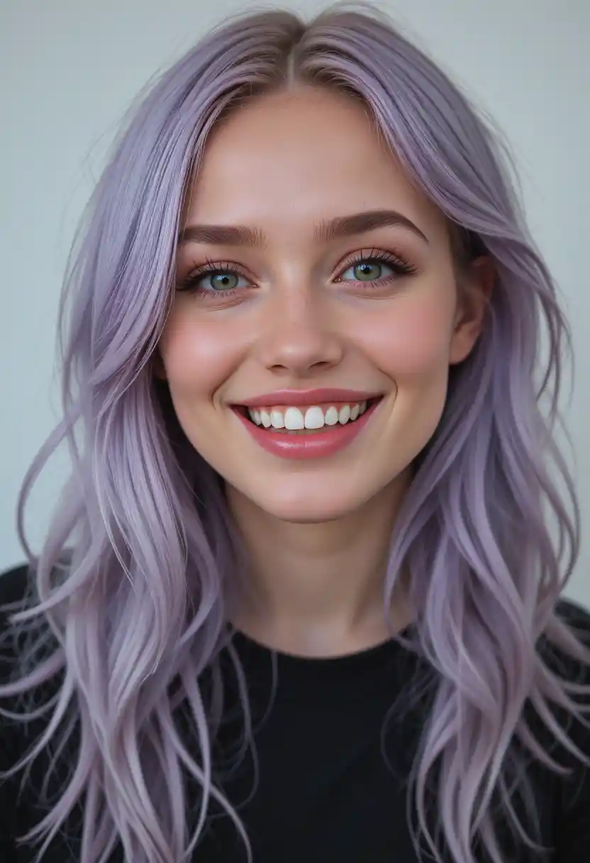 Porträt einer jungen Deutschen mit pastelllila Haaren