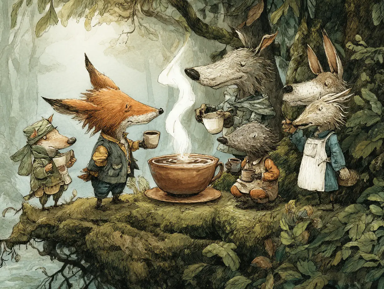 Anthropomorphic forest animals sharing coffee on a mossy log