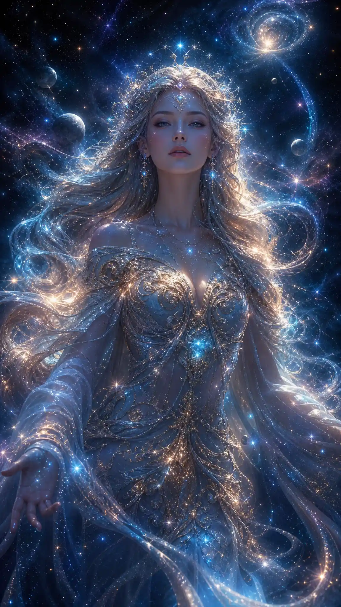 Deusa celestial cercada por energia cósmica em turbilhão
