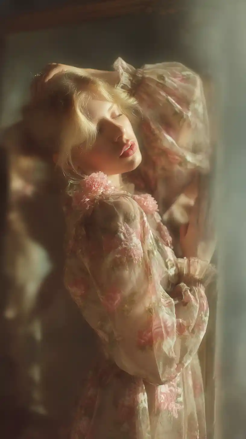 Soft focus portrait of blonde woman in floral dress