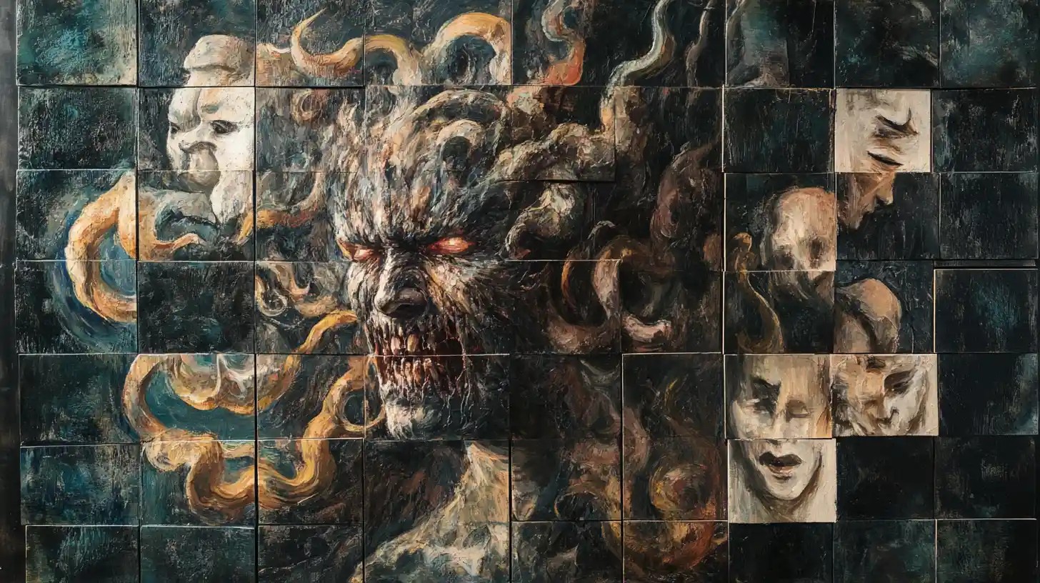 Surreal creature consuming fragmented faces in abstract panels