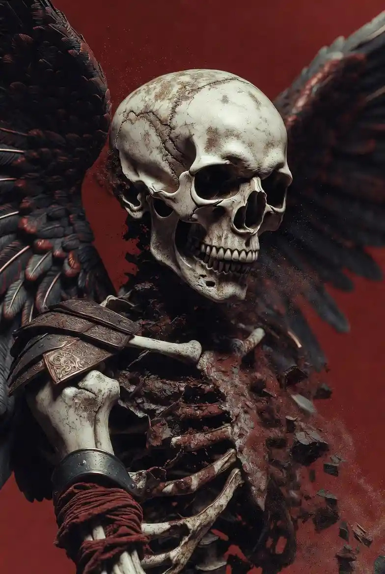 Decaying skeletal angel with dark wings on red backdrop