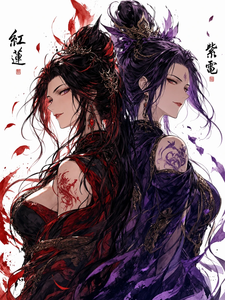 Back to back anime kage women in dramatic ink portrait