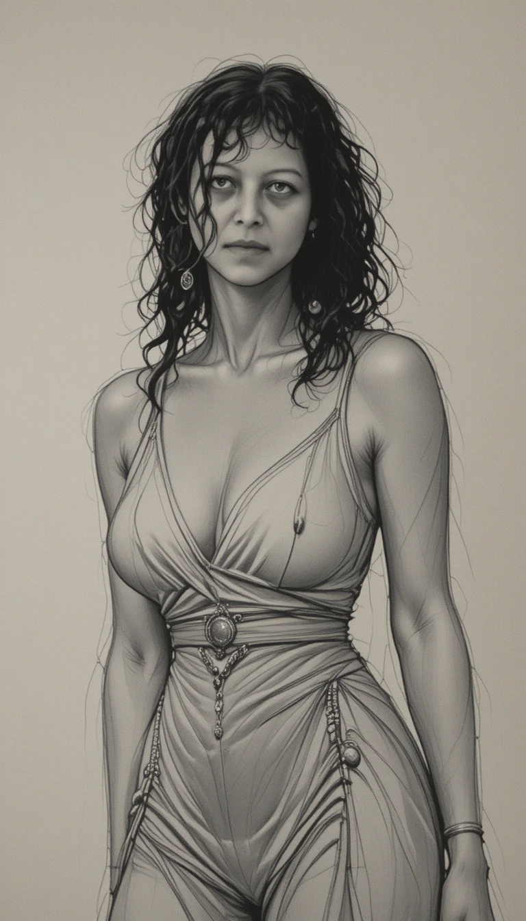 Pencil portrait of a beautiful woman in a modern outfit
