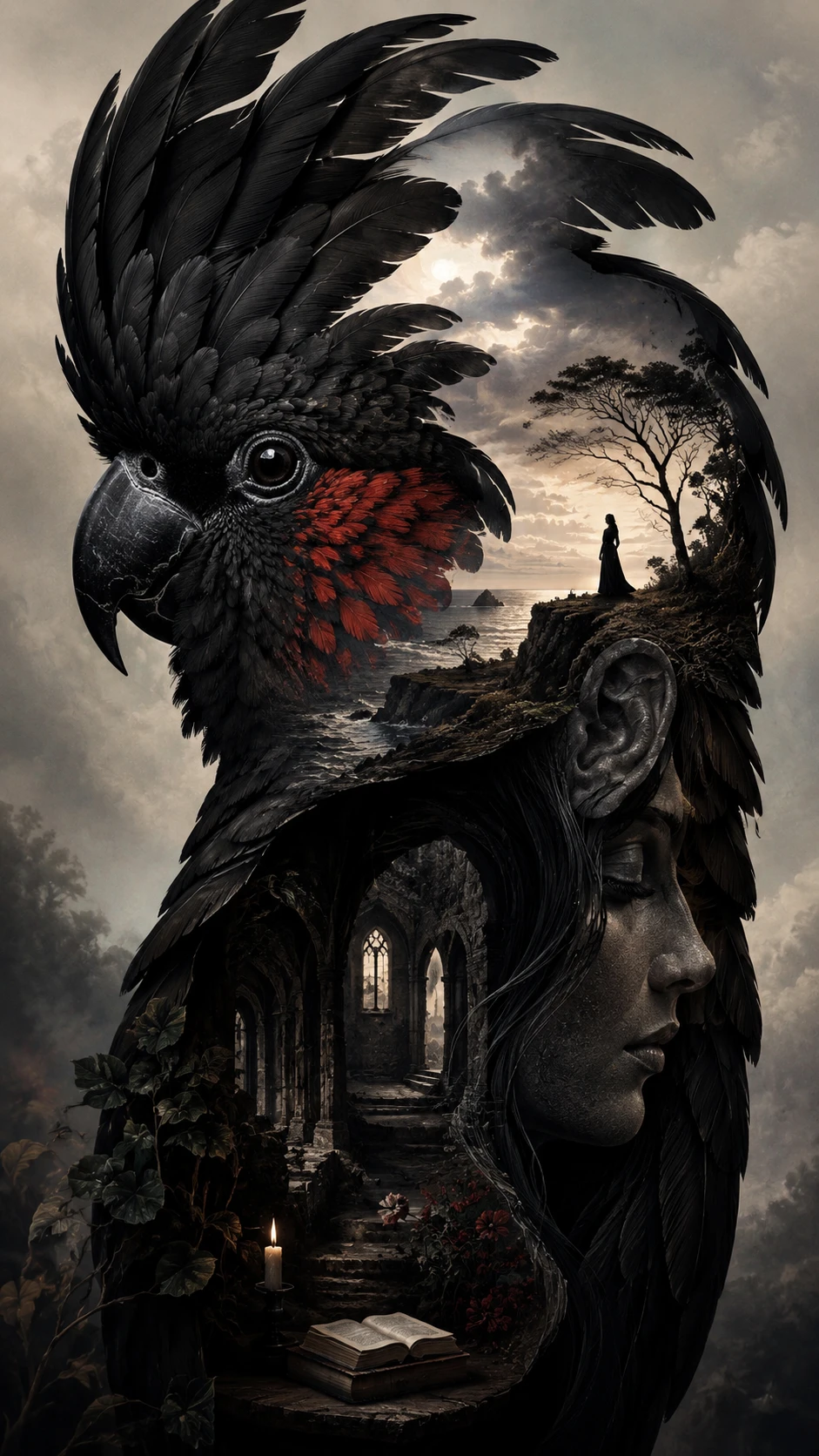 Surreal black cockatoo illusion with hidden multiple images
