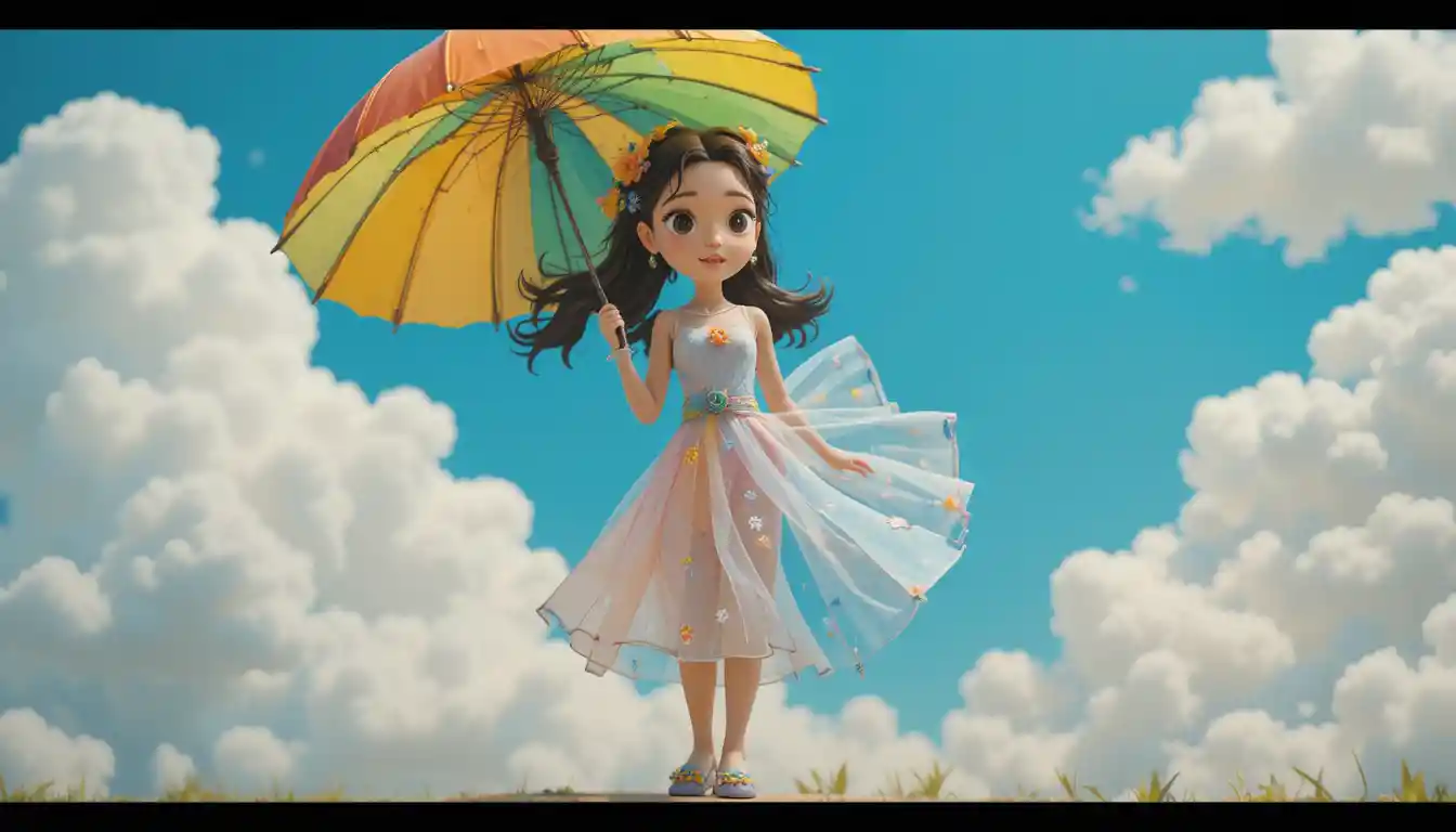 Whimsical clay woman in cloud inspired outfit with umbrella