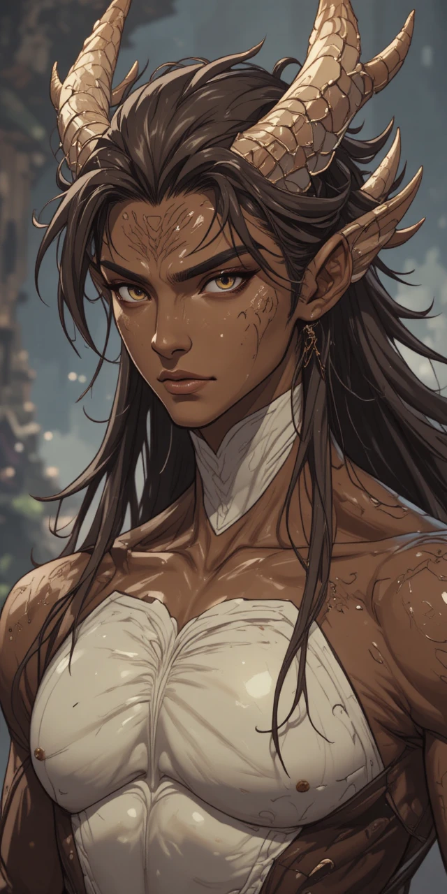 Anime dragon man with dark hair and brown skin