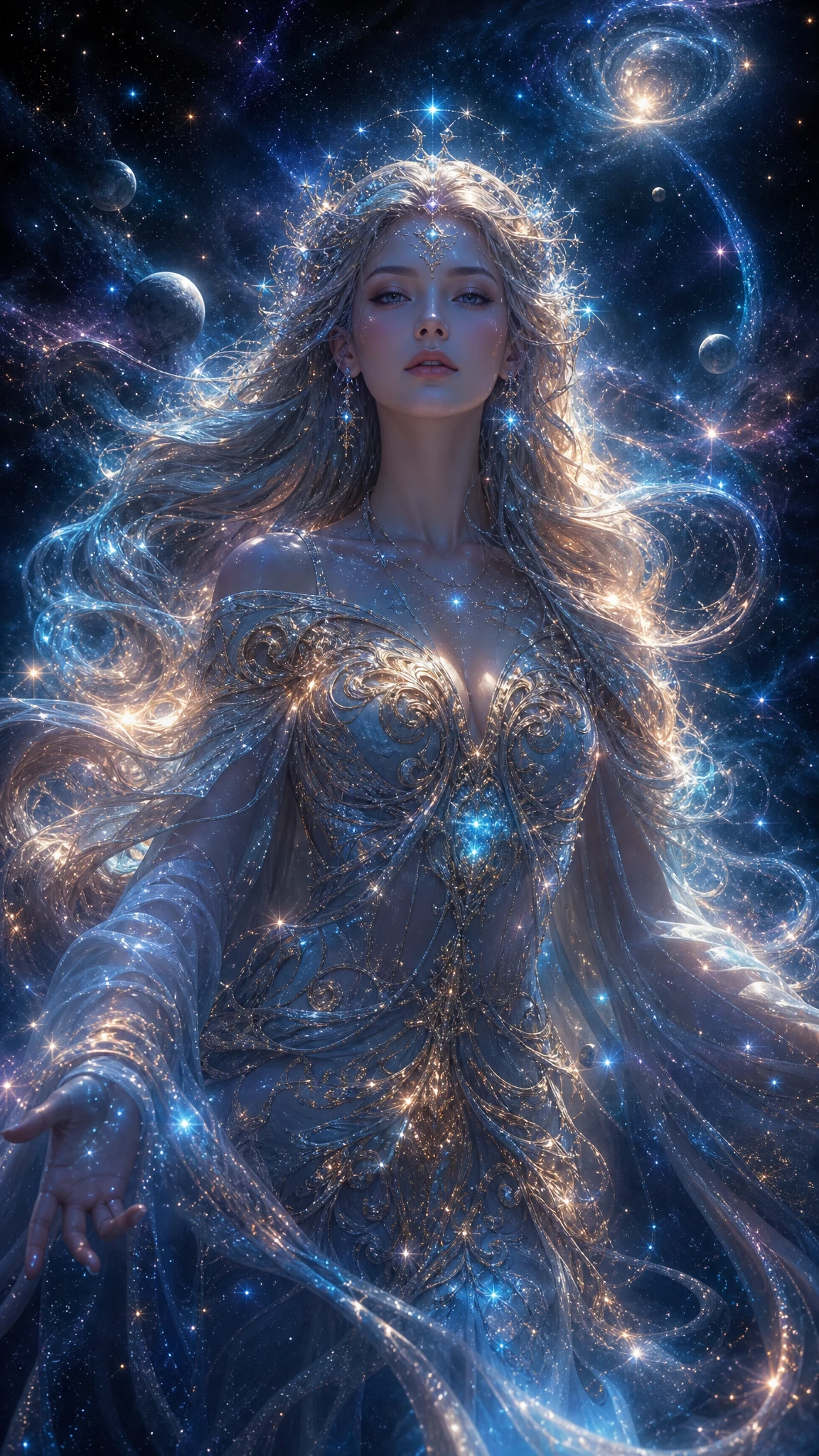Celestial goddess surrounded by swirling cosmic energy