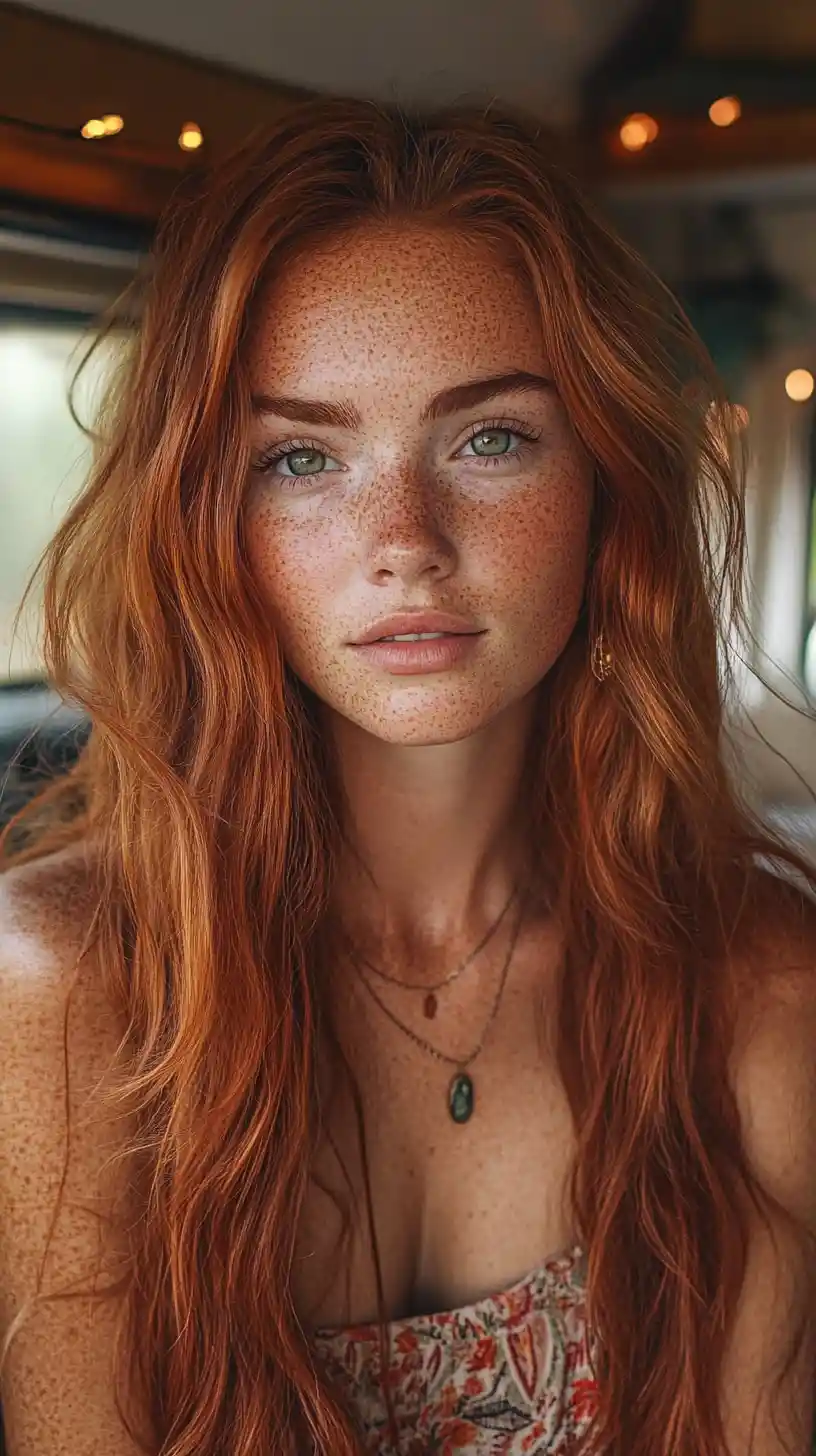 Freckled redhead woman in a camper van portrait