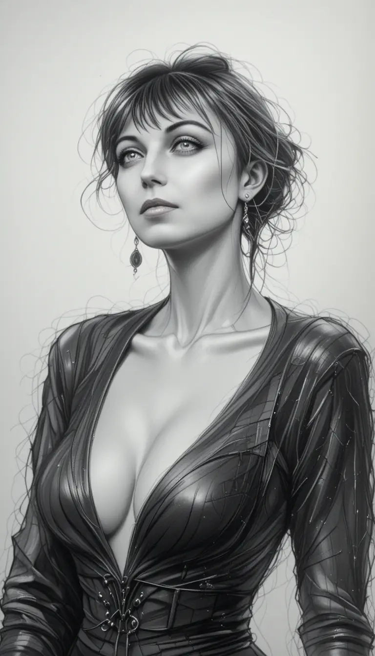 Retrato a lápis de uma bela mulher em estilo fantasia moderna