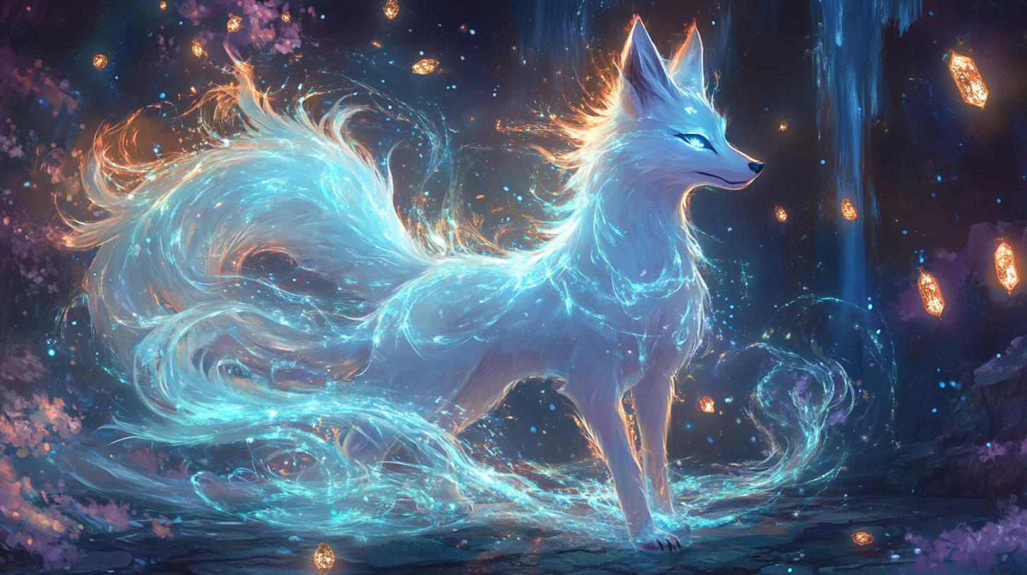 Translucent opal fox with blazing tails under crystal lanterns
