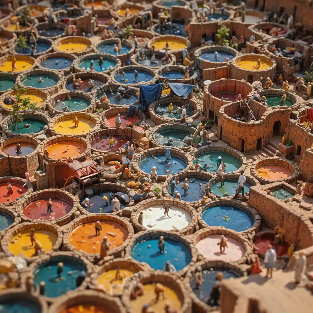 Tilt shift view of colorful Moroccan tannery vats from above